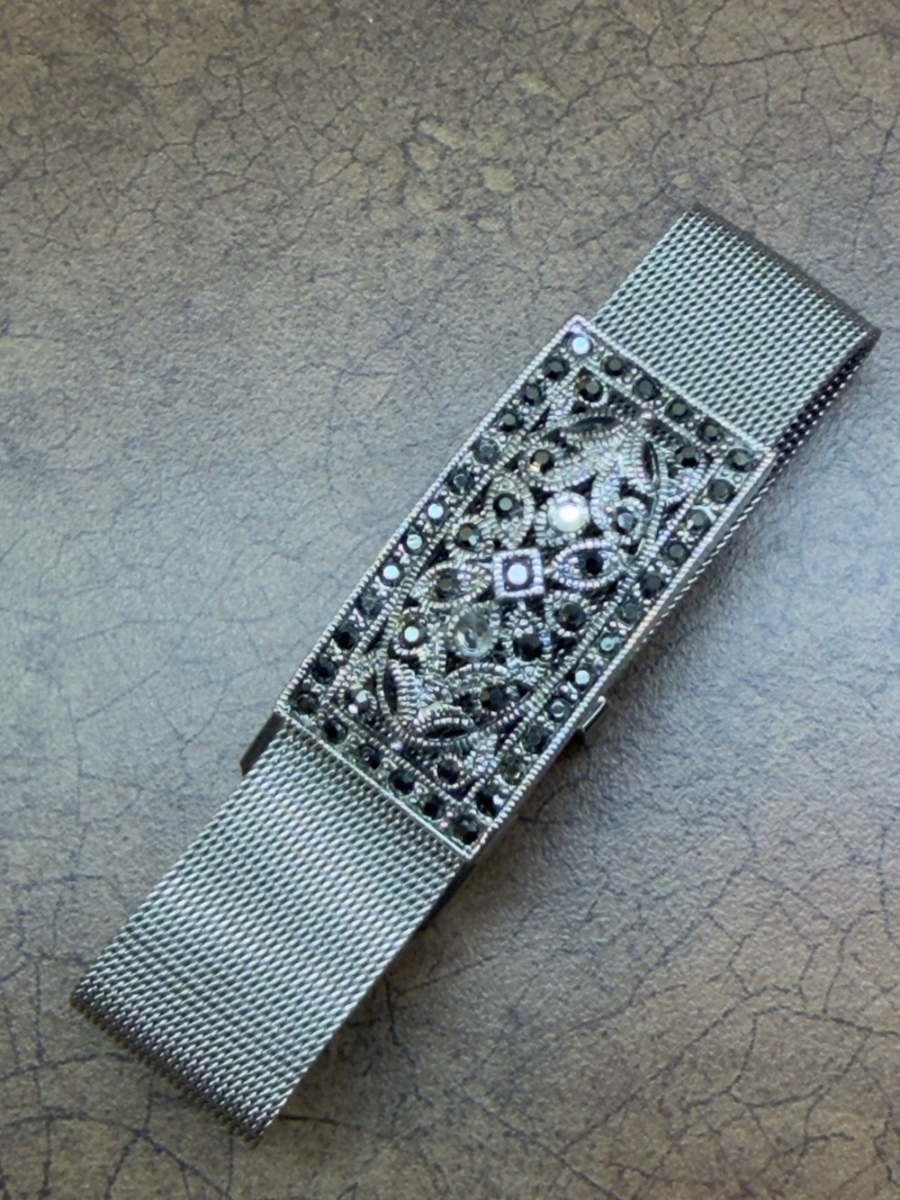 Silver Mesh Bracelet with Filigree and Rhinestone Accent